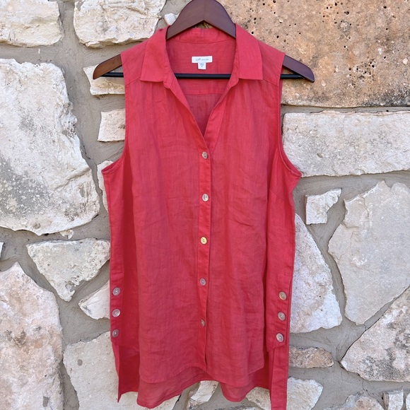 J.Jill Love Linen Sleeveless Button Front Top Blouse Coral Medium - Picture 1 of 6